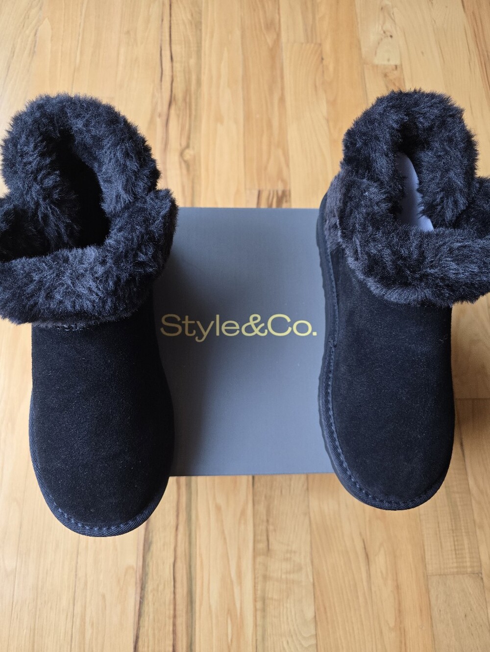 NIB Style & Co. Women's Black Faux Suede Fur-Trim Slip-On Booties Size 8